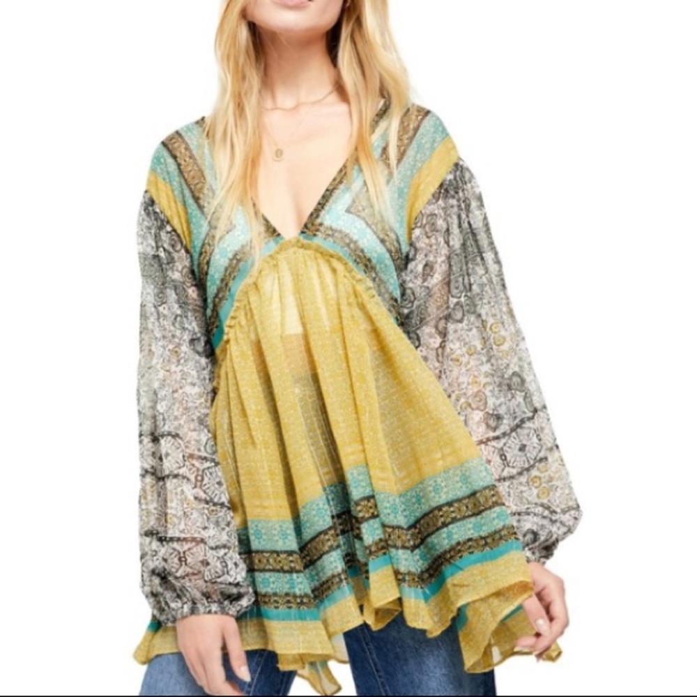 NWT Free People Aliyah Printed Tunic, S, Tobacco